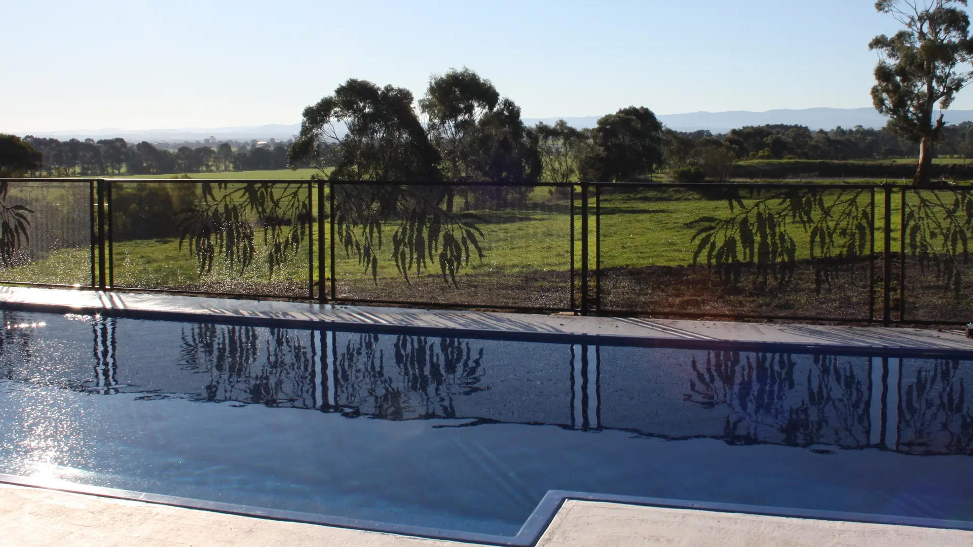 A Gum Perf design PoolPerf&reg; pool fence beside a pool, with green paddocks showing through it
