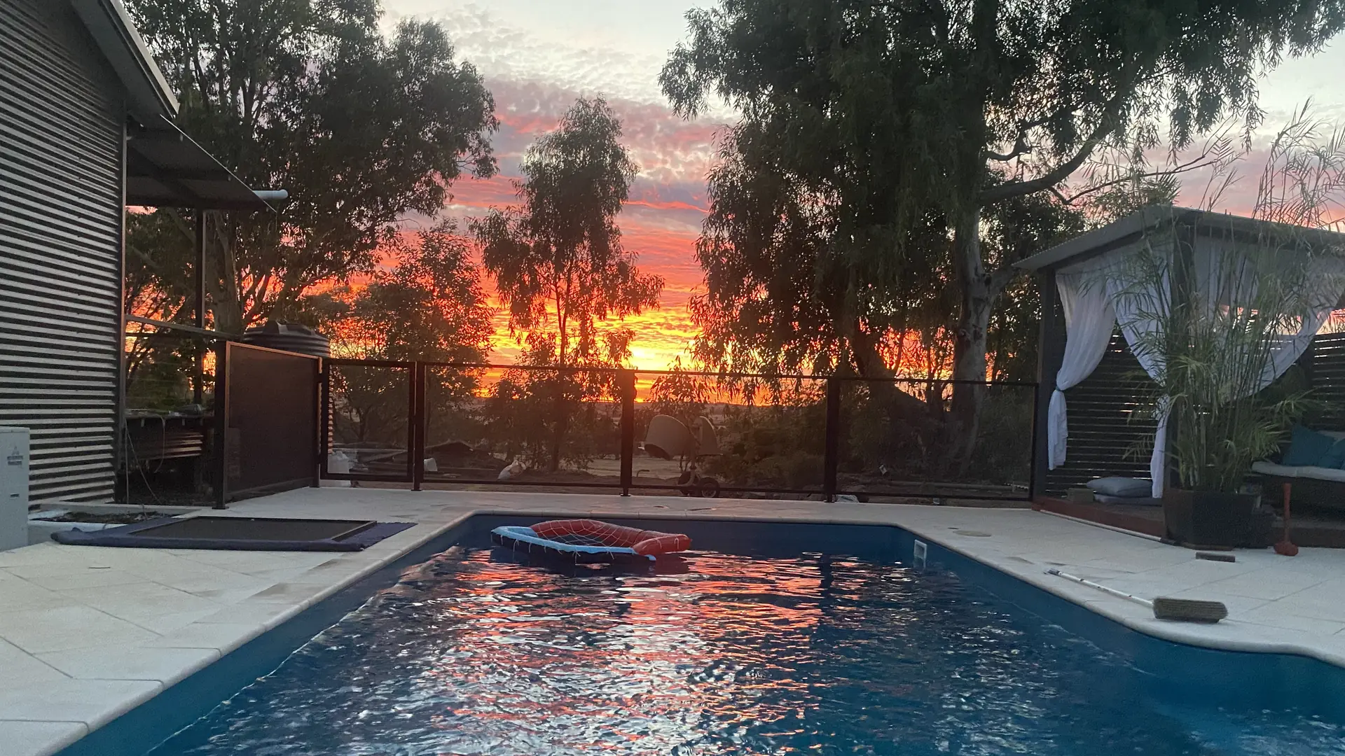 A red and orange sunset through gum trees, seen through a black pool fence beyond a pool