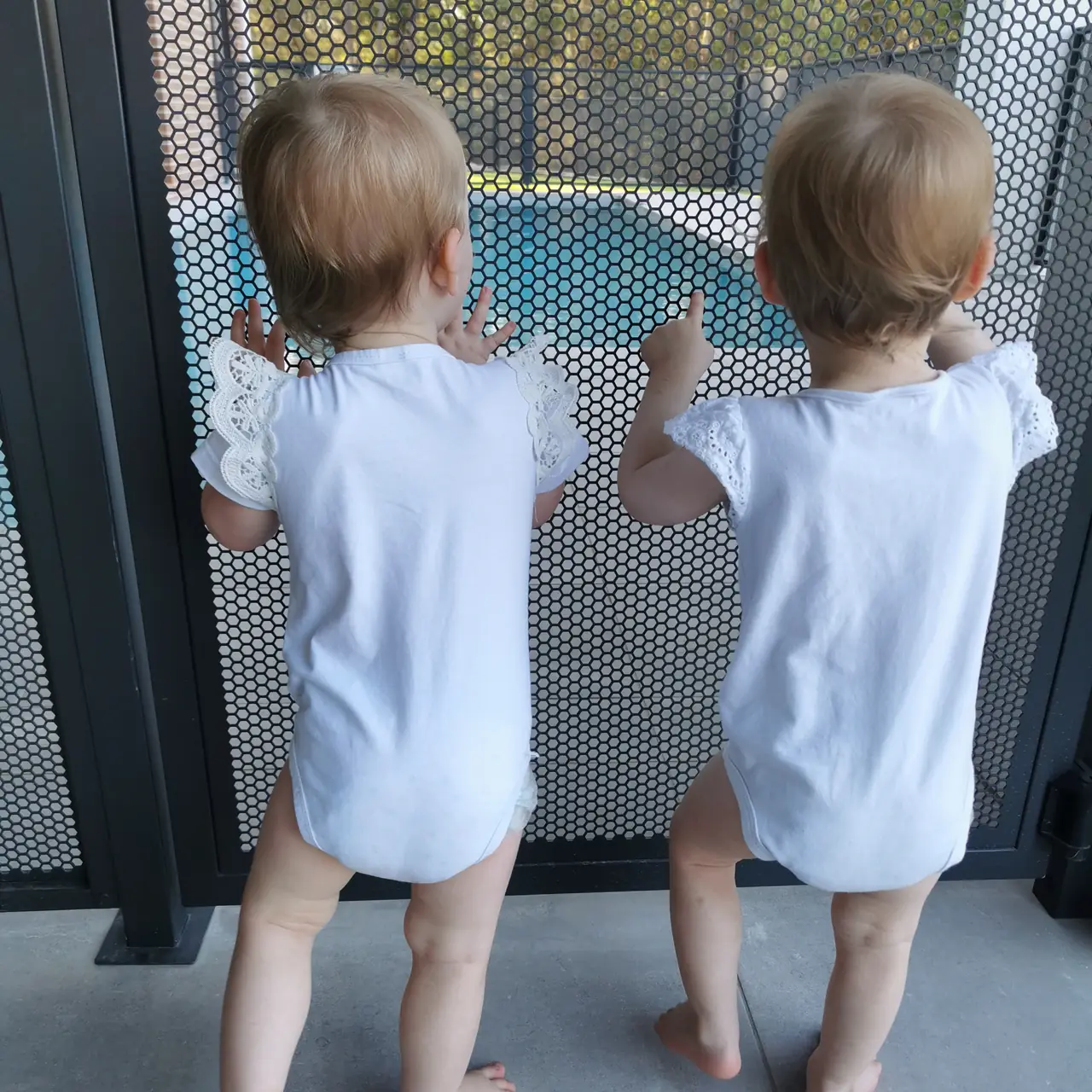 Jason's twin toddlers standing at their Monument grey PoolPerf fence, hands on the panel, looking through at the pool