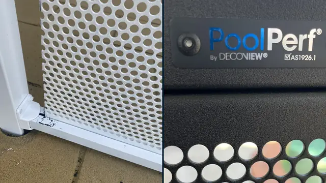 On the left, the chipped bottom corner of an imported white perforated panel; on the right, the PoolPerf plate on a black gate