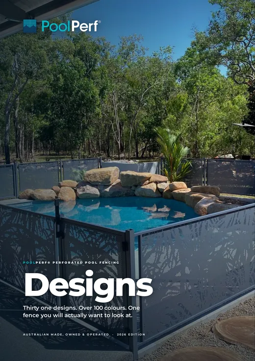 The cover of the PoolPerf Designs Brochure: Pandanus panels around a Queensland pool