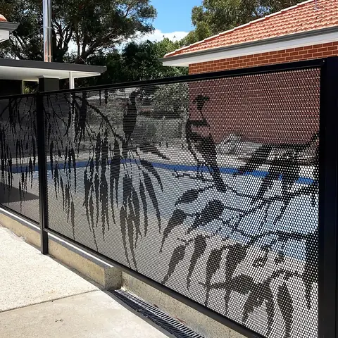 Birds perched among gum leaves, cut into a black PoolPerf pool fence