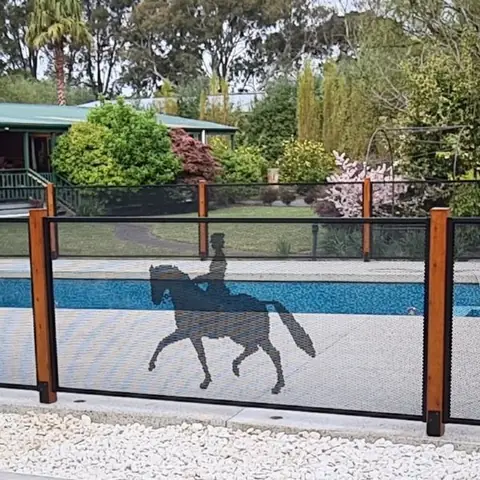 A horse and rider cut into a pool fence panel between timber posts, with the pool and garden beyond