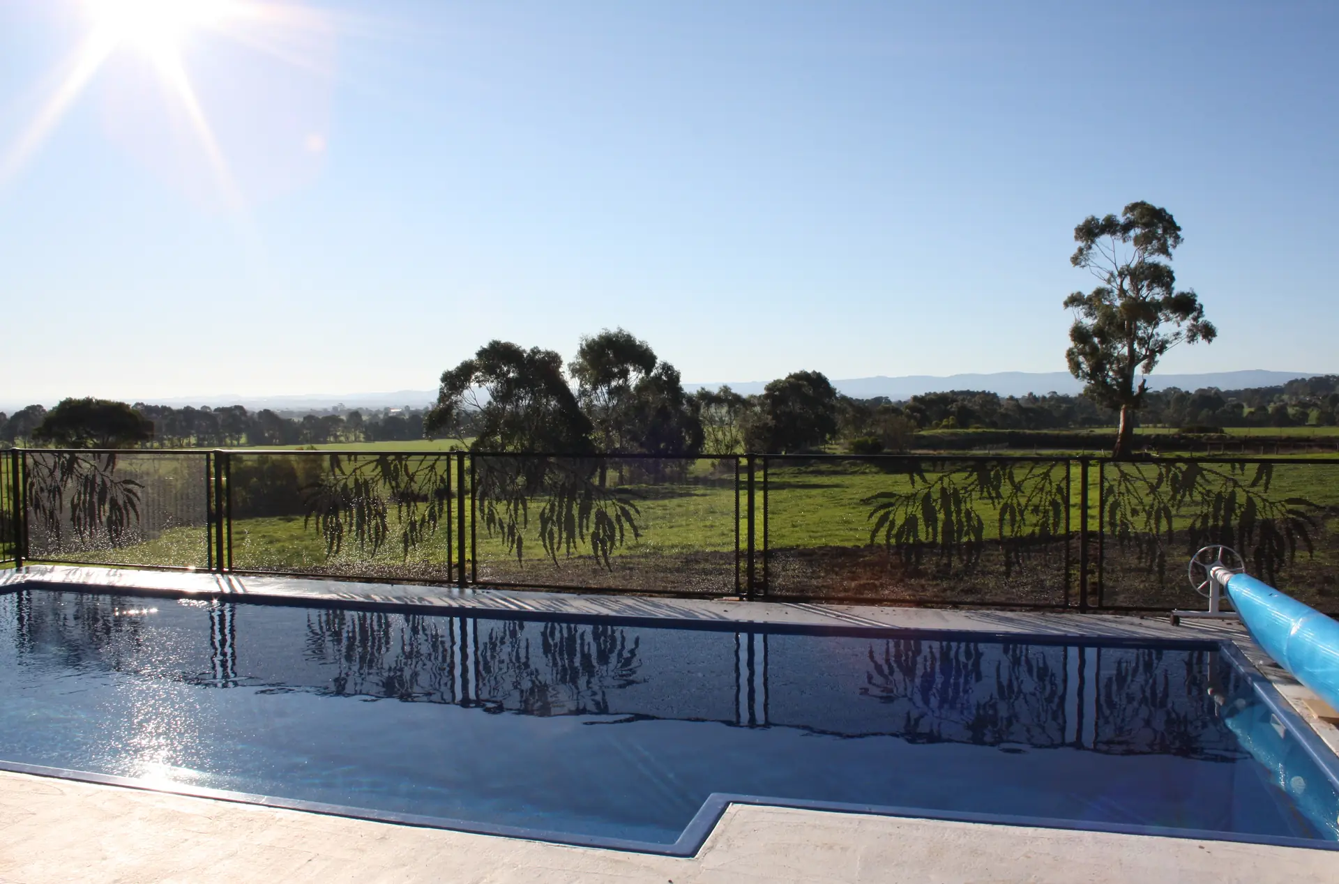 Black Gum design PoolPerf panels along a Queensland pool, with gum trees on the skyline beyond