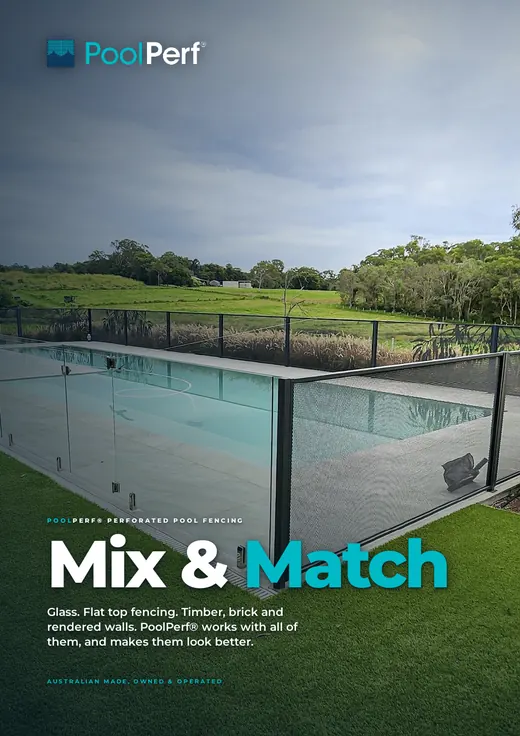 The cover of the PoolPerf Mix and Match brochure: glass and Monument grey PoolPerf around a pool on a lawn