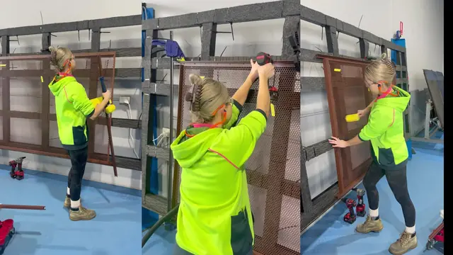 Three views of a PoolPerf panel being assembled on the factory floor