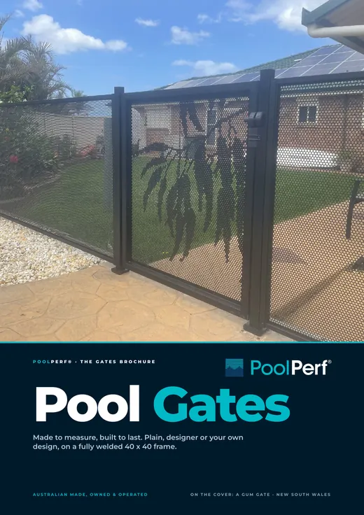 The cover of the PoolPerf Gates Brochure: a Gum design gate in a black PurePerf pool fence