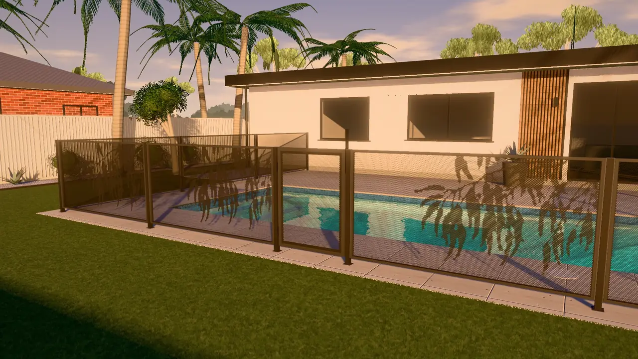 Gum design panels in a black PoolPerf fence at golden hour, drawn in 3D