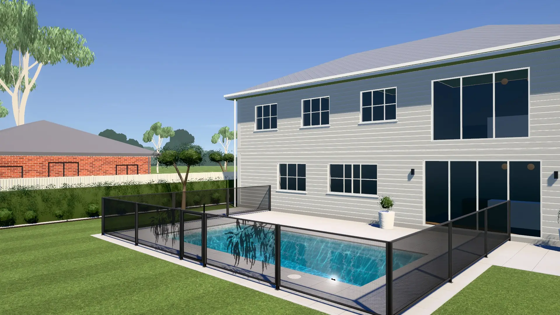 A double storey Hamptons home with a black PoolPerf pool fence around the pool, drawn in 3D