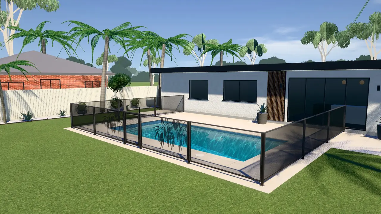 A coastal backyard with white render, limestone pavers and a PoolPerf fence, drawn in 3D