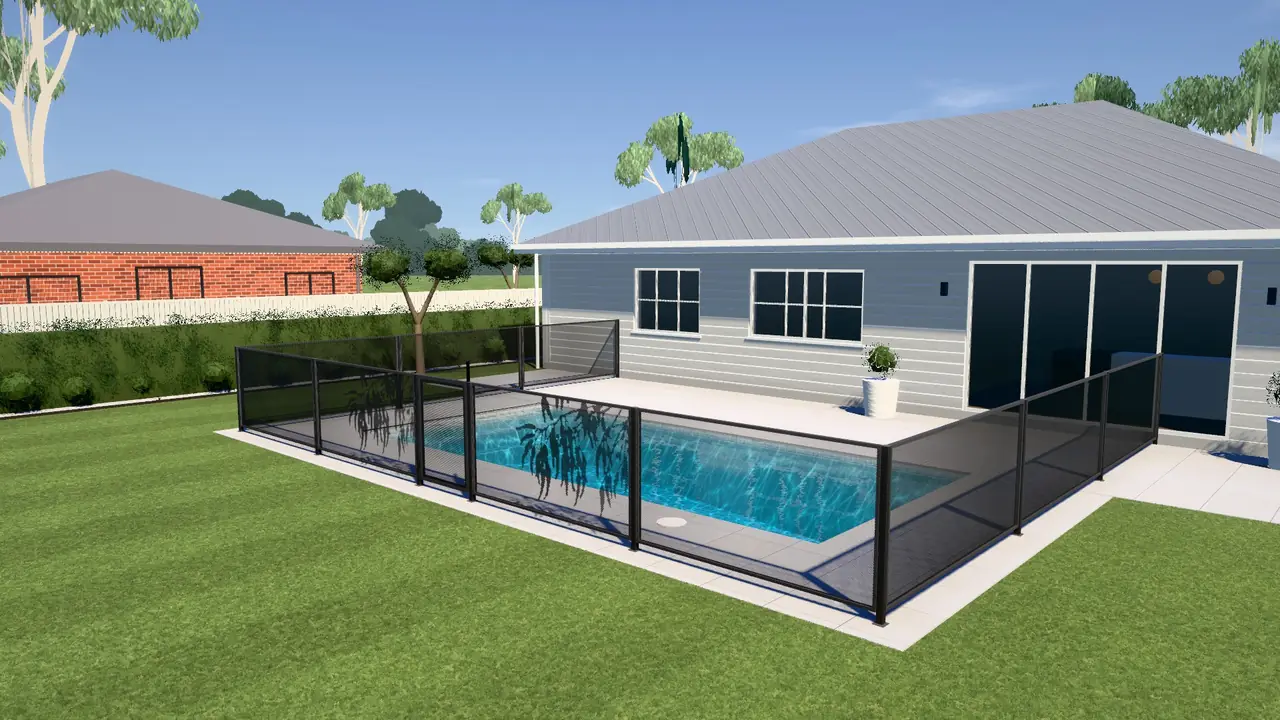 A Hamptons backyard with grey pavers, hedges and a PoolPerf fence, drawn in 3D