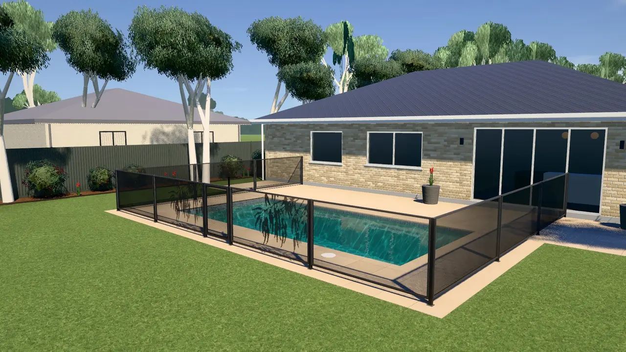 An Aussie bush backyard with a brick home, sandstone and a PoolPerf fence, drawn in 3D