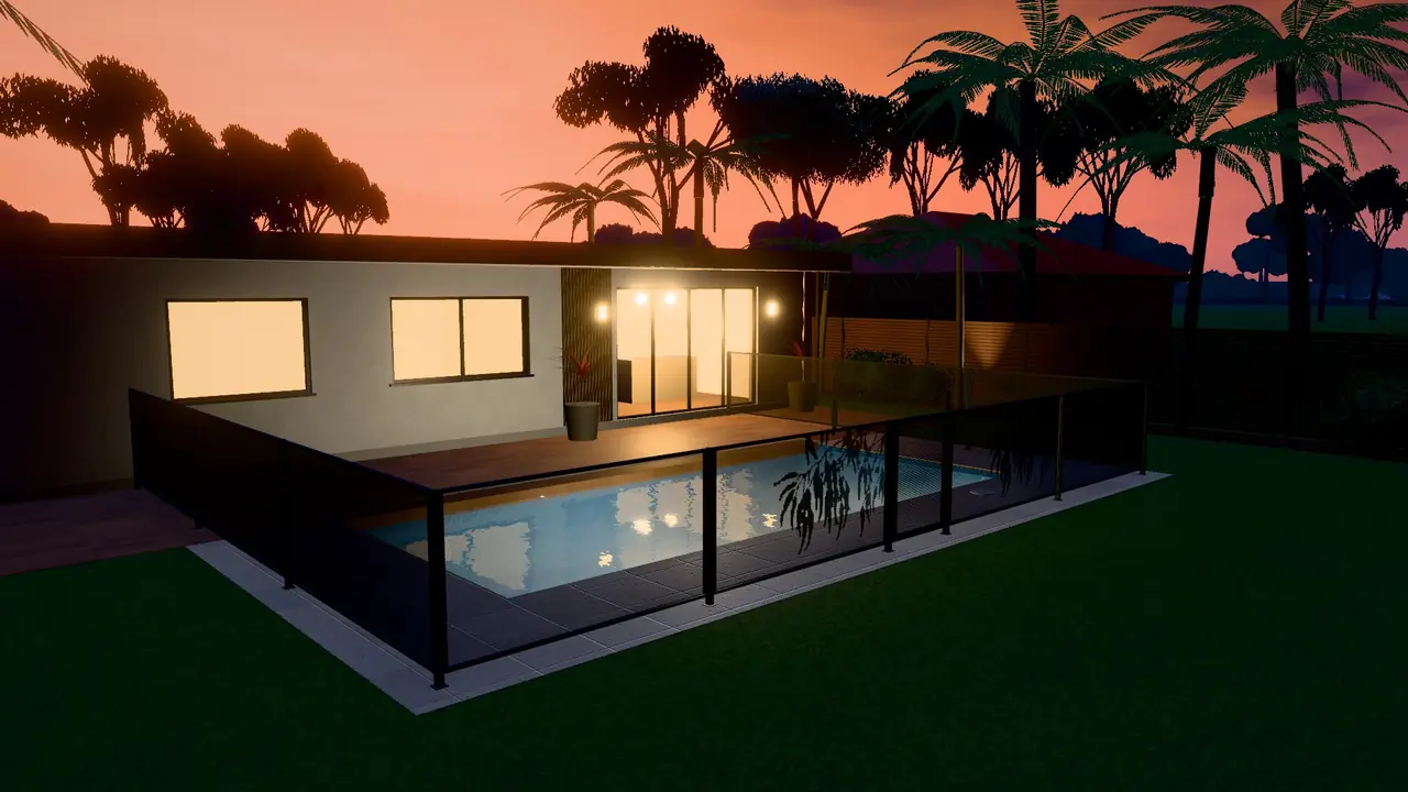 A resort style backyard at dusk with the pool lit and a PoolPerf fence, drawn in 3D