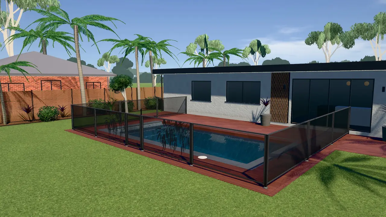 A tropical backyard with a timber deck, a dark pool and a PoolPerf fence, drawn in 3D