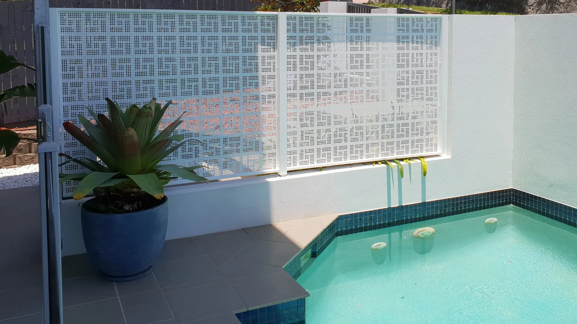 A white Nahosh design pool fence on a white rendered wall above a plunge pool